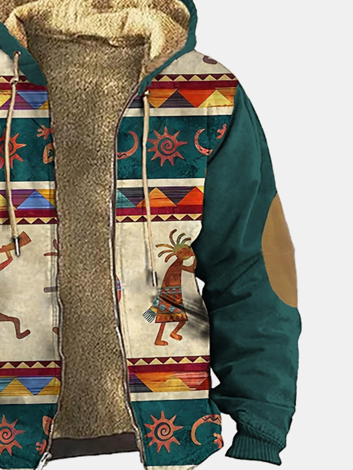 Royaura Vintage Western Cowboy Aztec Fleece Men's Drawstring Hoodies Coat Warm Zip Cardigan Jacket Outwear