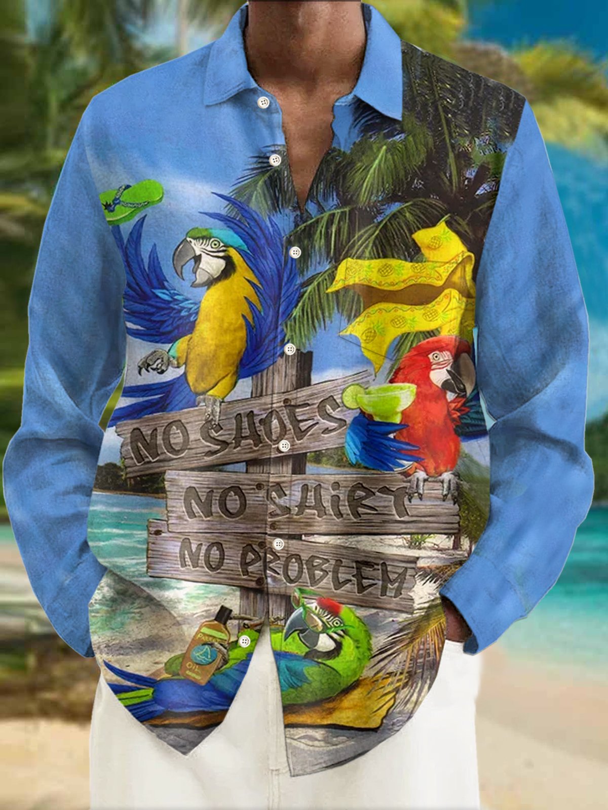 Royaura Parrot Print Men's Button Pocket Long Sleeve Shirt