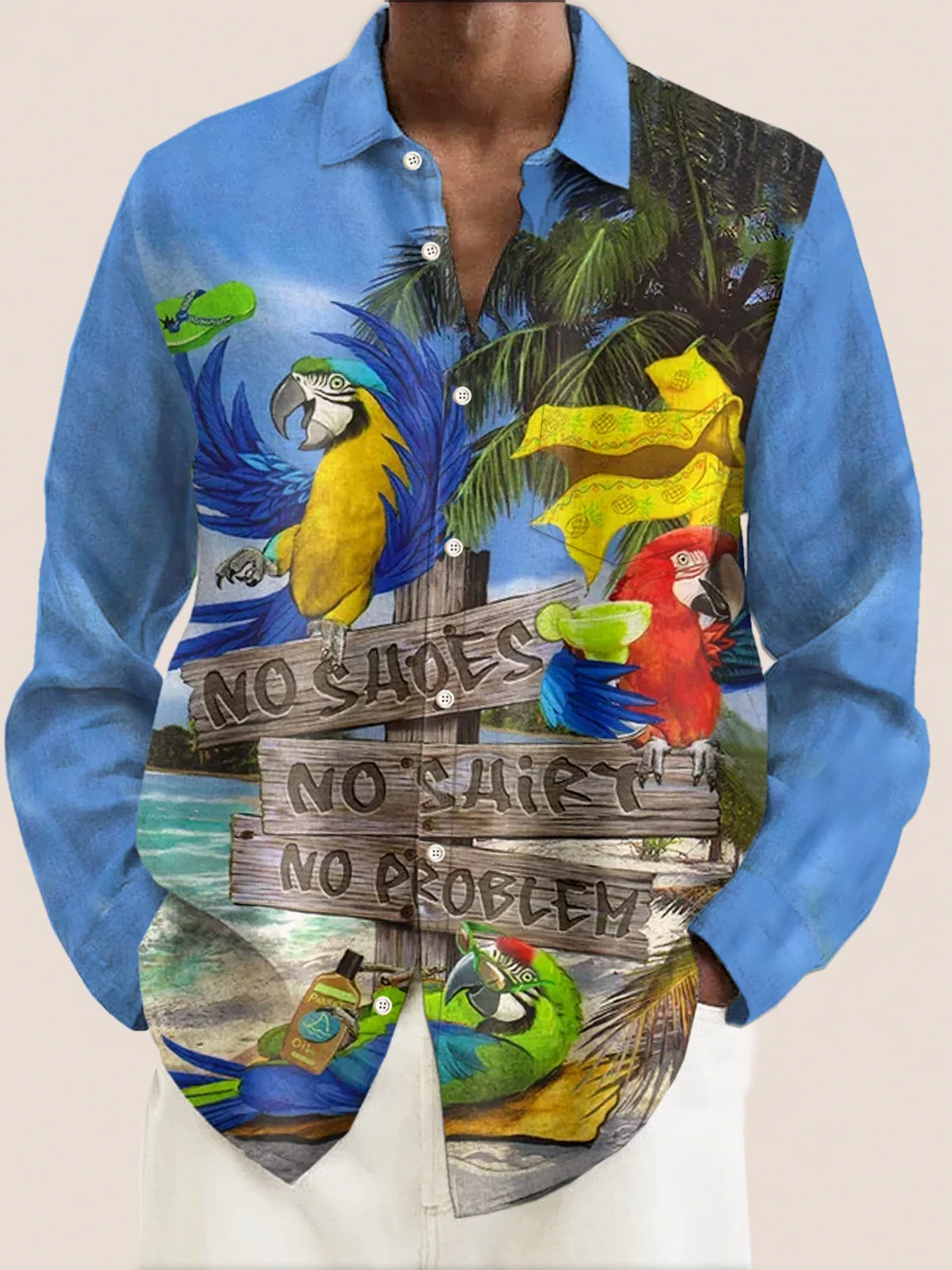 Royaura Parrot Print Men's Button Pocket Long Sleeve Shirt