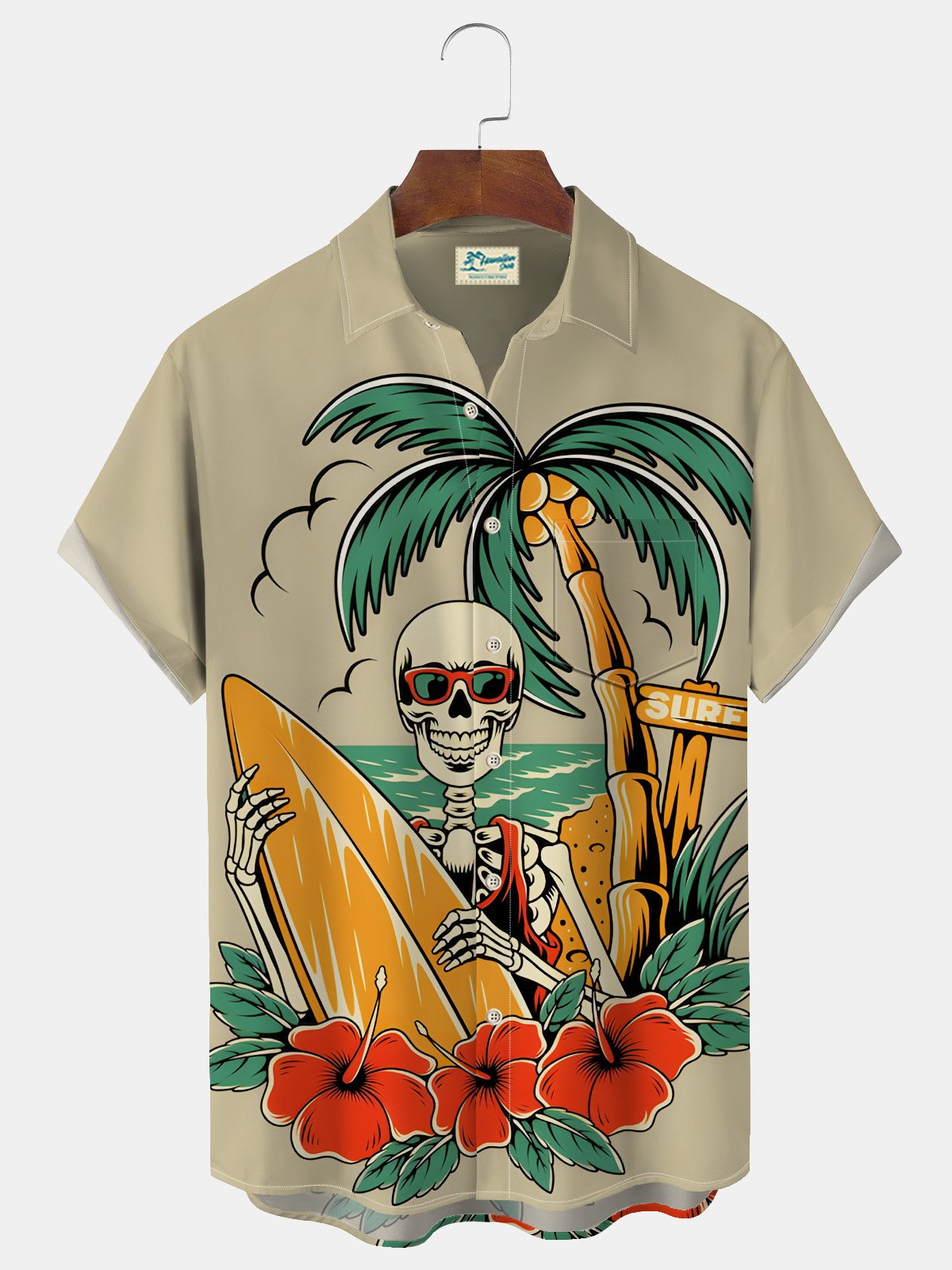 Royaura Hawaiian Coconut Tree Skull Surf Print Men's Button Pocket Shirt