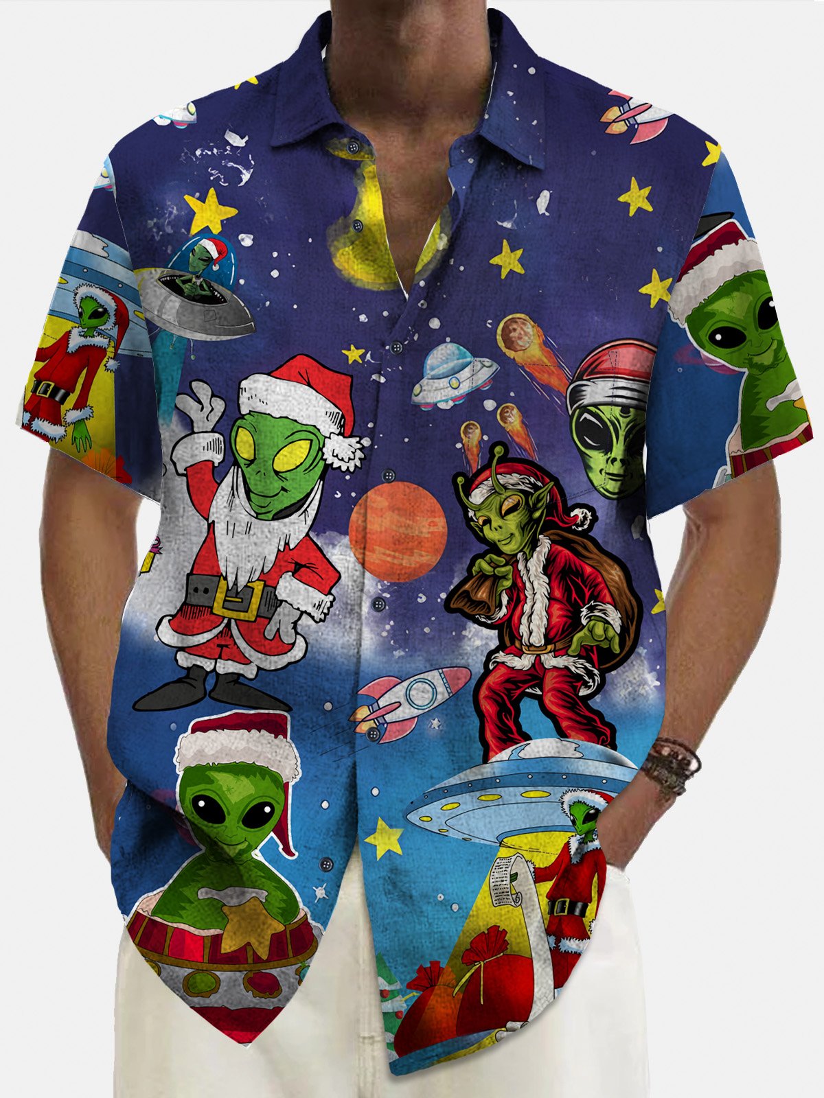 Royaura Alien Santa Hat Men's Button Pocket Shirt