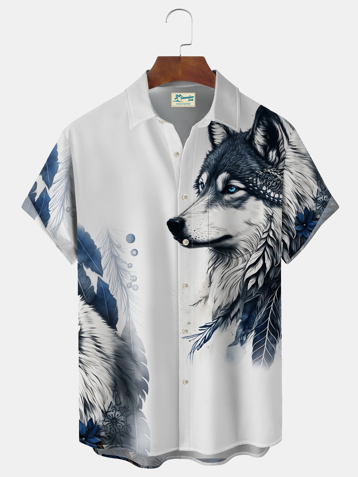 Royaura Retro Wolf Cartoon Men's Casual Shirt Art Aloha Button Pocket Animal Shirts