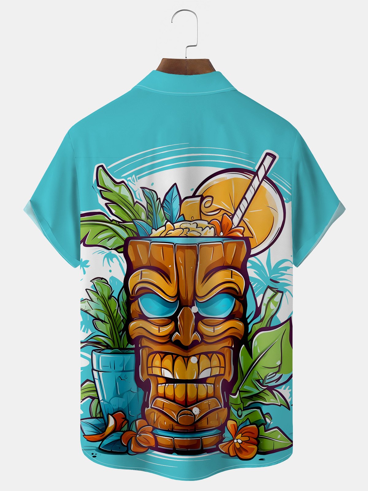 Royaura Tiki Coconut Tree Print Men's Button Pocket Short Sleeve Shirt