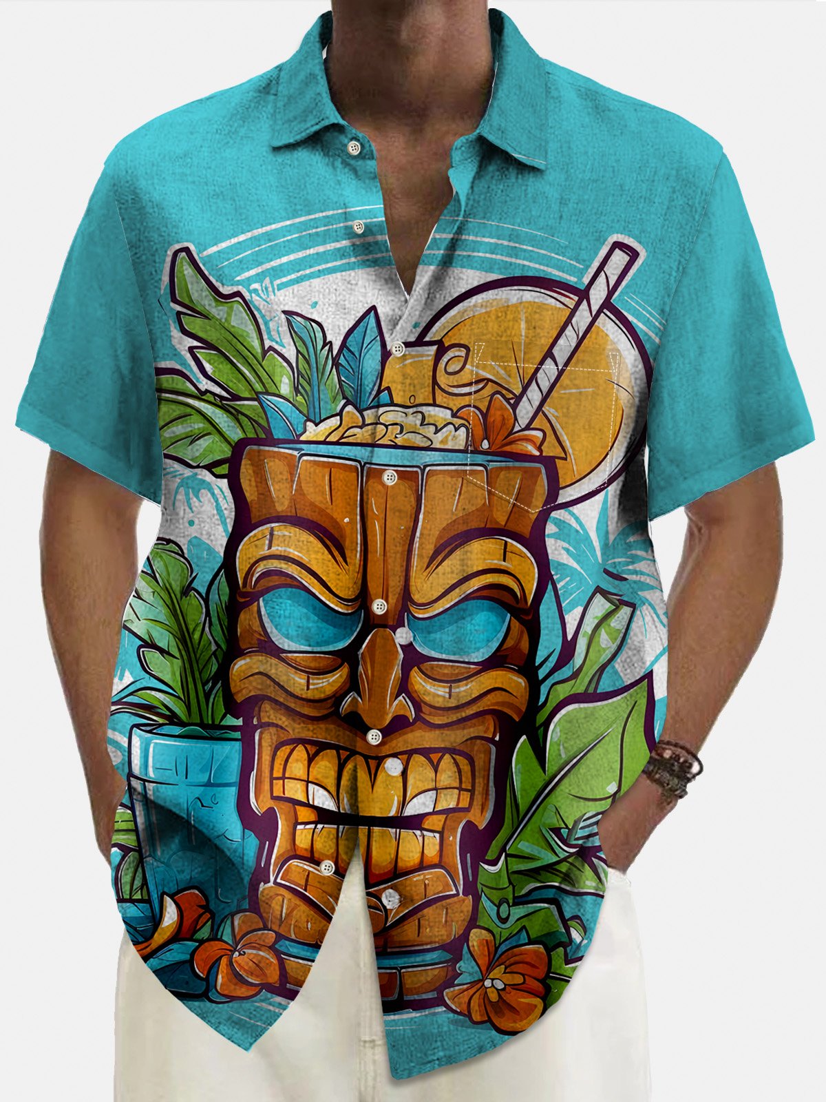 Royaura Tiki Coconut Tree Print Men's Button Pocket Short Sleeve Shirt