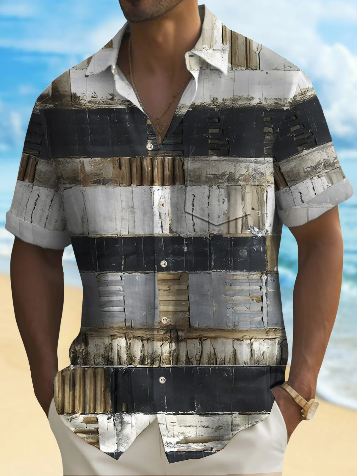 Royaura 50's Retro Geometric Khaki Men's Hawaiian Shirts Wrinkle Free Seersucker Art Aloha Camp Pocket Shirts