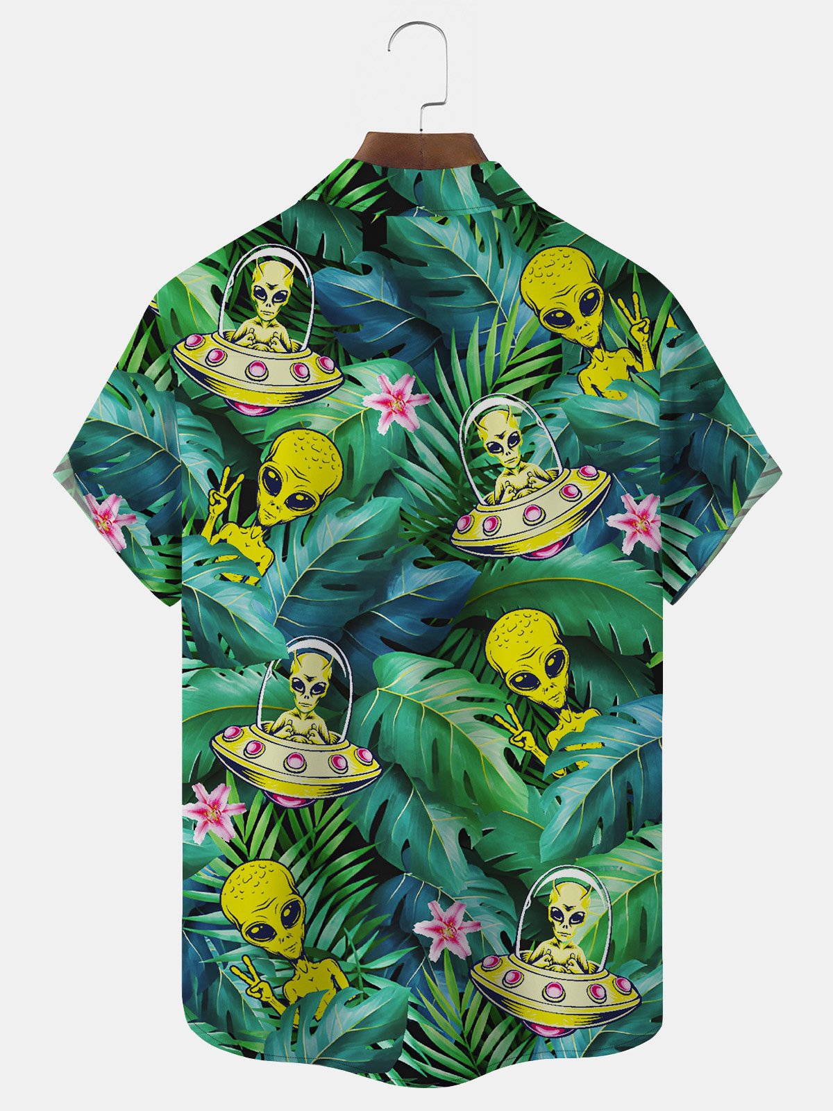 Royaura Beach Vacation Green Men's Hawaiian Shirt Stretch Plus Size  Pocket Aloha Alien Camp Shirts