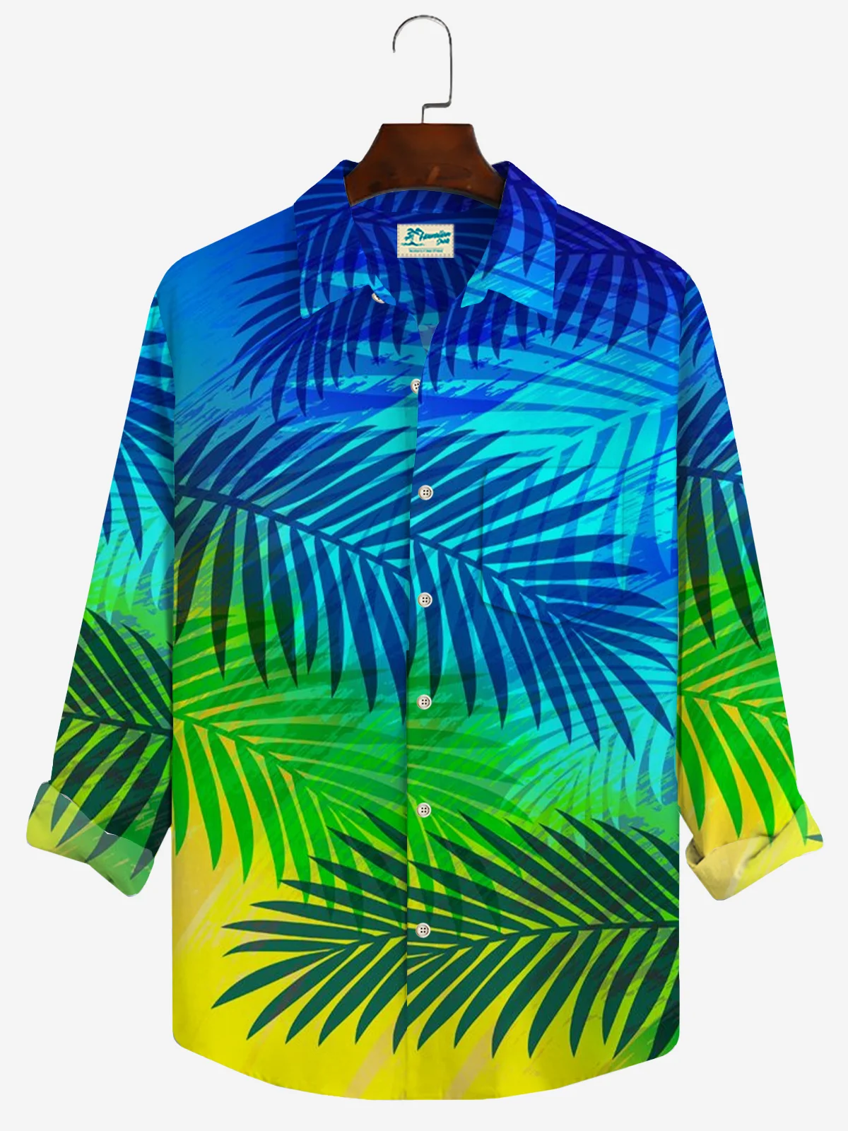 Royaura Men's Hawaiian Vacation Coconut Leaf Oversized Print Long Sleeve Shirt