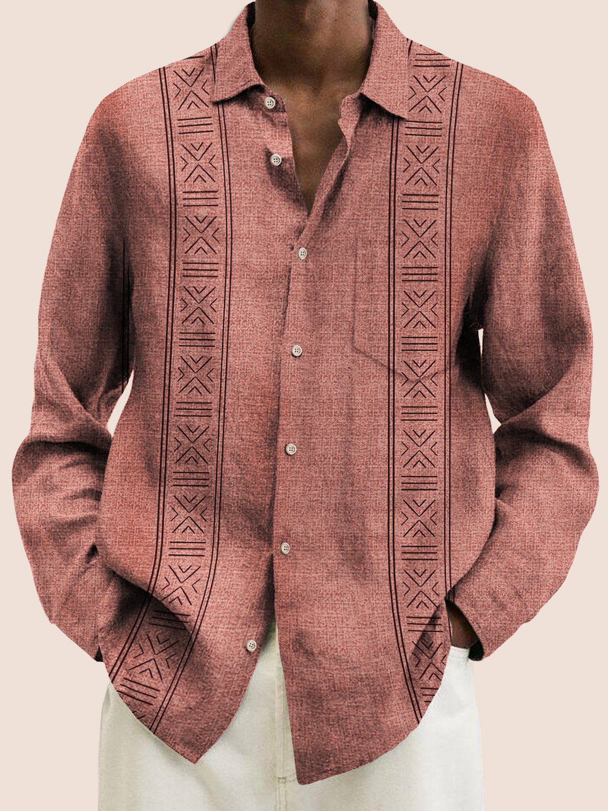 Royaura Vintage Aztec Red Men's Guayabera Shirts Stretch Geometric Art Aloha Ethnic Totem Plus Size Pocket Button Camp Shirts
