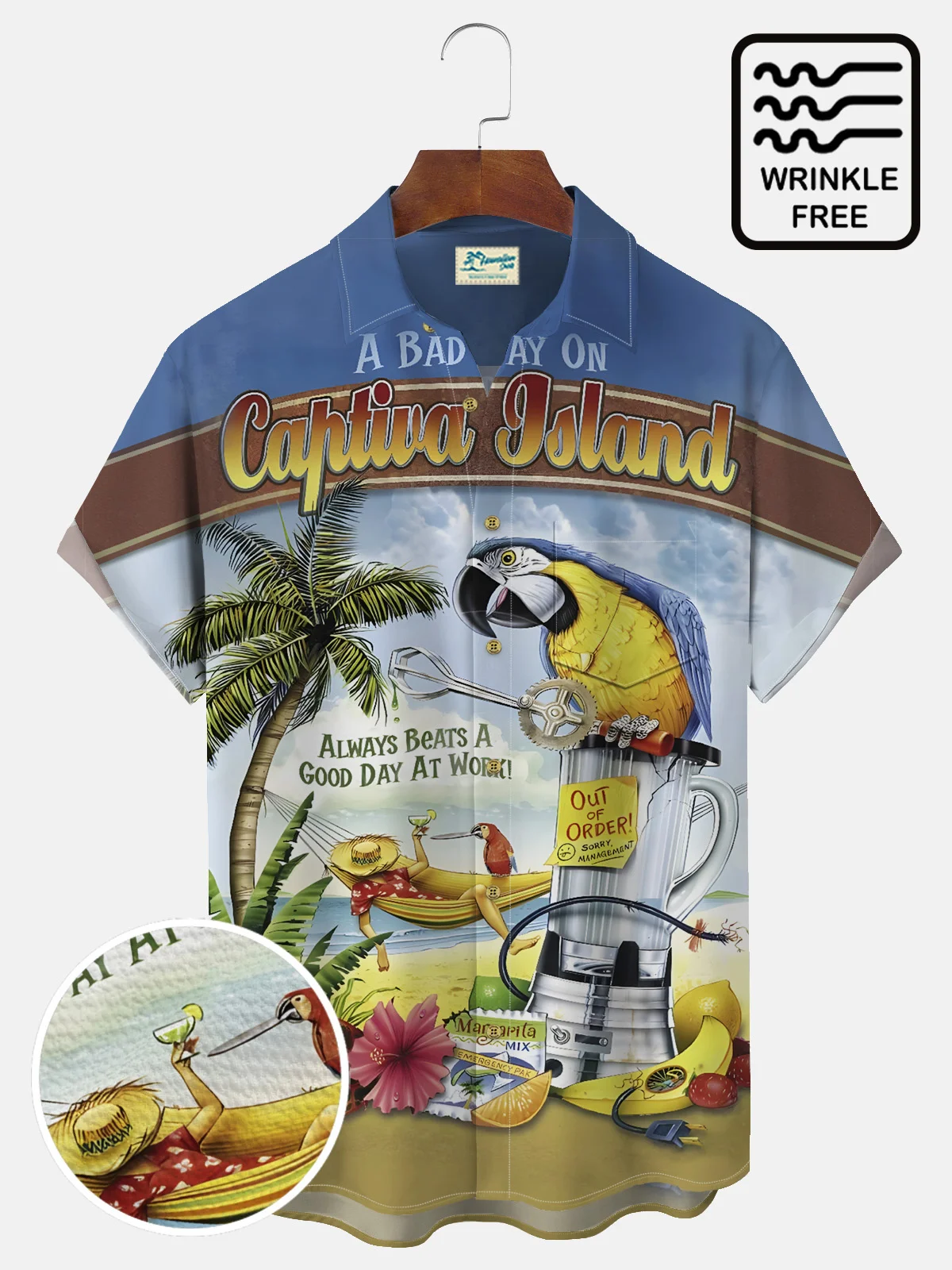 Royaura Beach Vacation Blue Men's Hawaiian Shirts Parrot Stretch Wrinkle Free Seersucker Aloha Pocket Camp Shirts