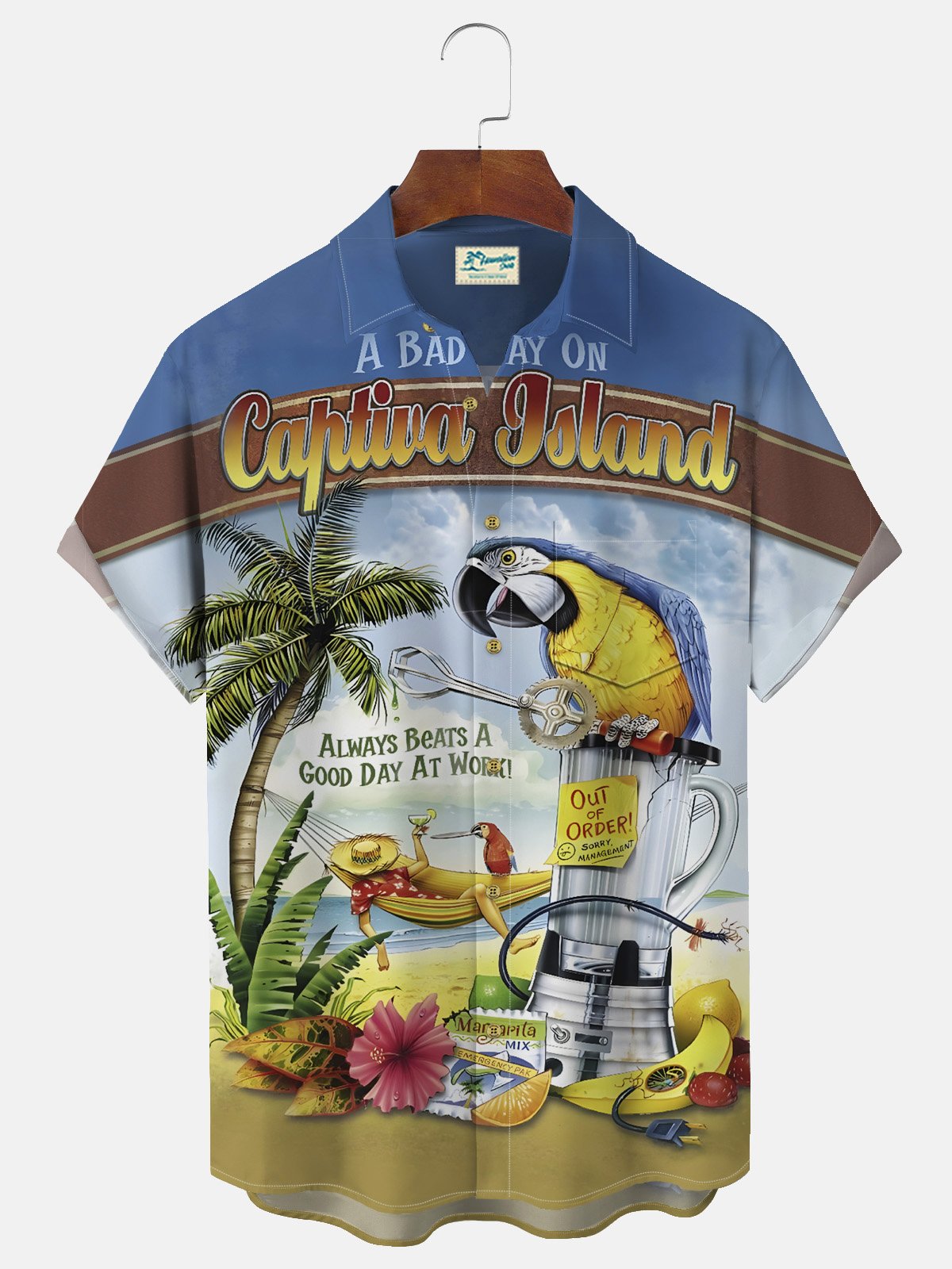 Royaura Beach Vacation Blue Men's Hawaiian Shirts Parrot Stretch Wrinkle Free Seersucker Aloha Pocket Camp Shirts