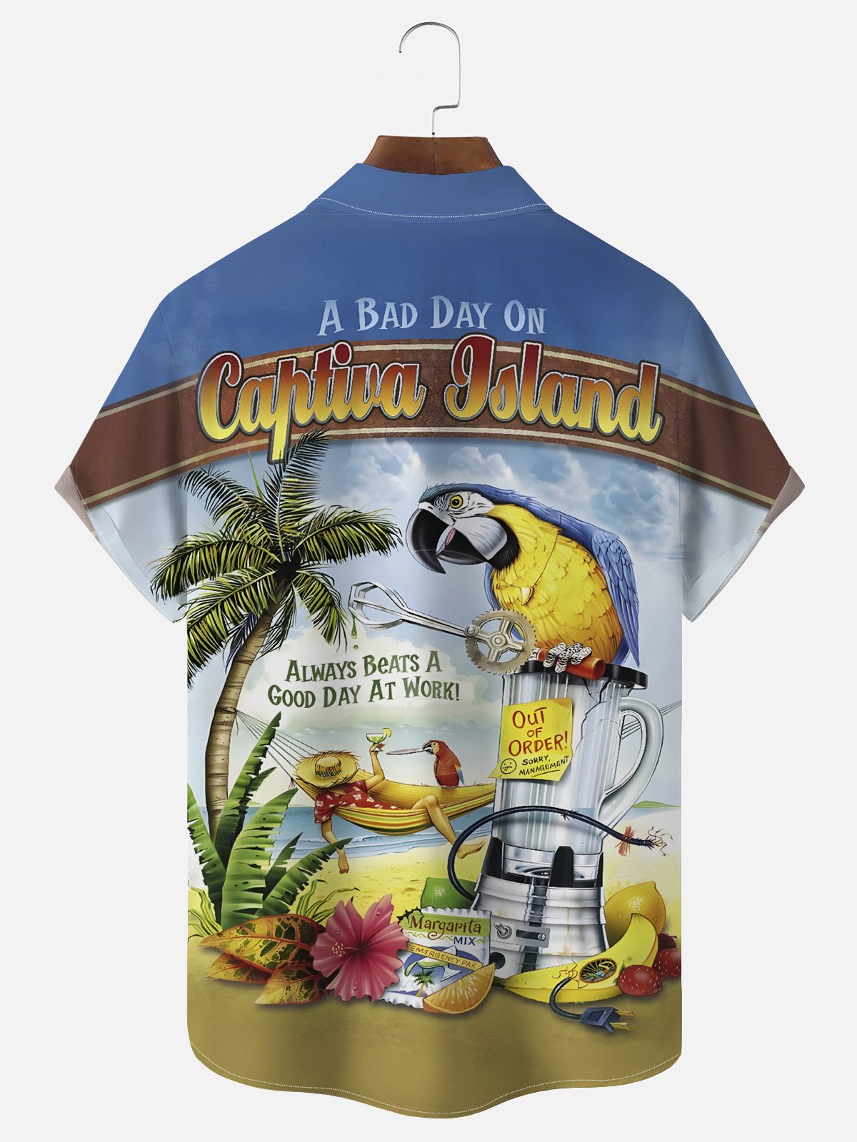 Royaura Beach Vacation Blue Men's Hawaiian Shirts Parrot Stretch Wrinkle Free Seersucker Aloha Pocket Camp Shirts