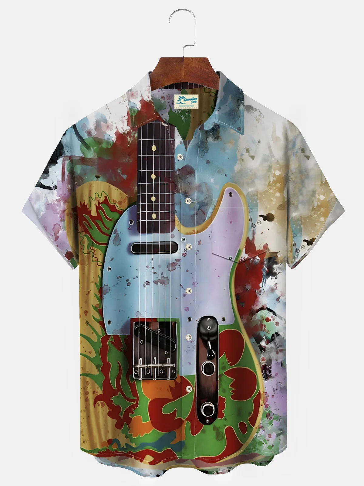 Royaura 50's Retro Medieval Rock Men's Aloha Shirts Guitar Art Stretch Large Size Pocket Camp Shirts