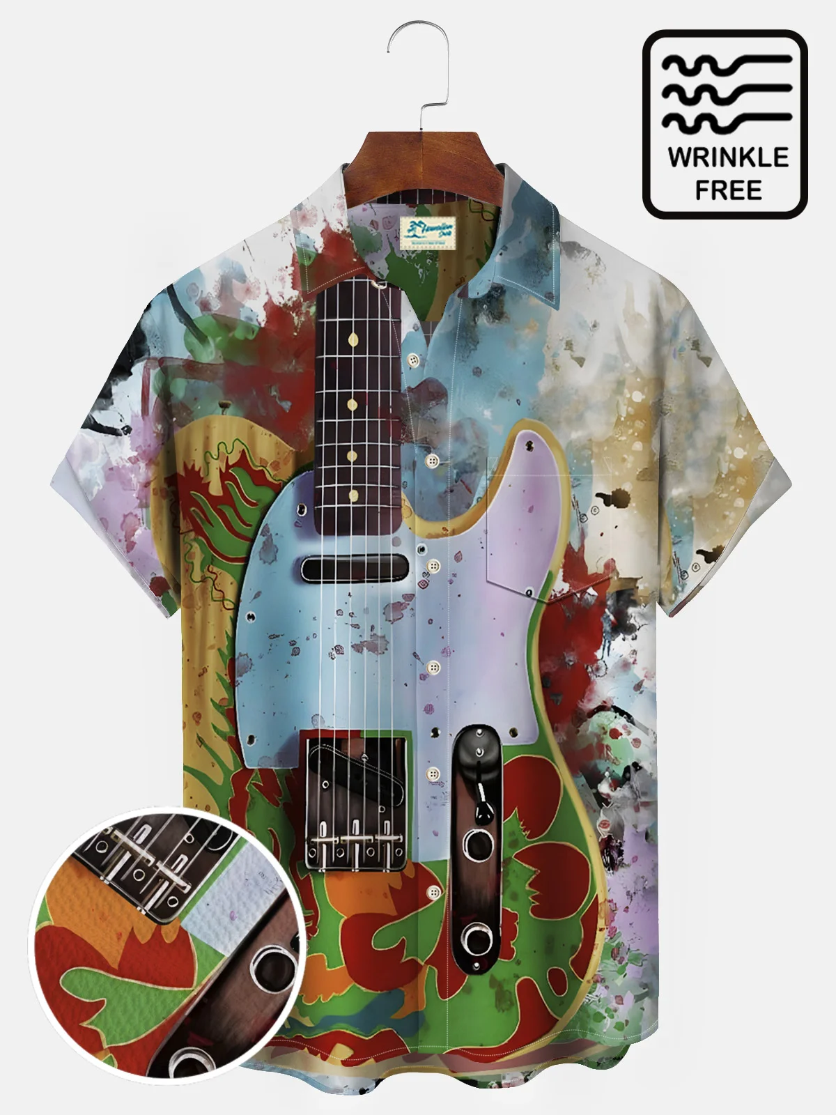 Royaura 50's Retro Medieval Rock Men's Aloha Shirts Guitar Art Stretch Large Size Pocket Camp Shirts