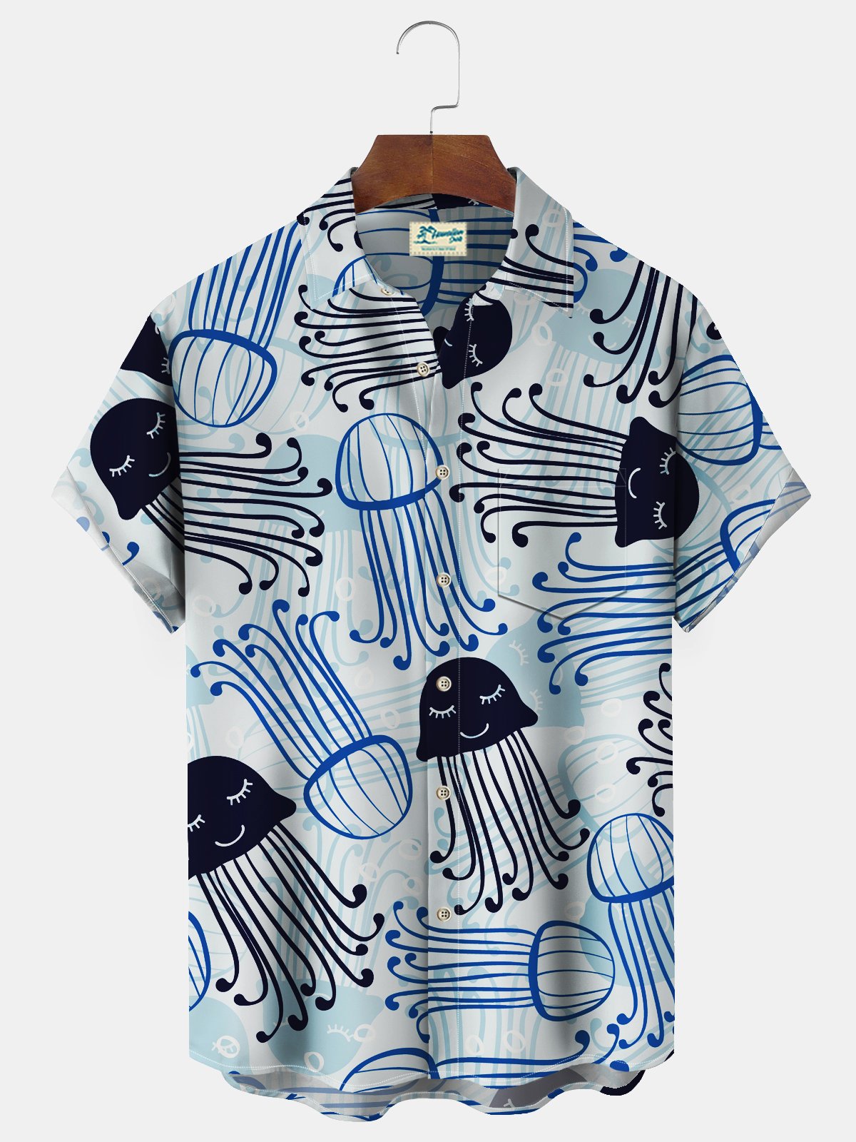 Royaura Ocean Jellyfish Art Blue Men's Hawaiian Shirts Stretch Aloha Camp Pocket Shirts Big Tall