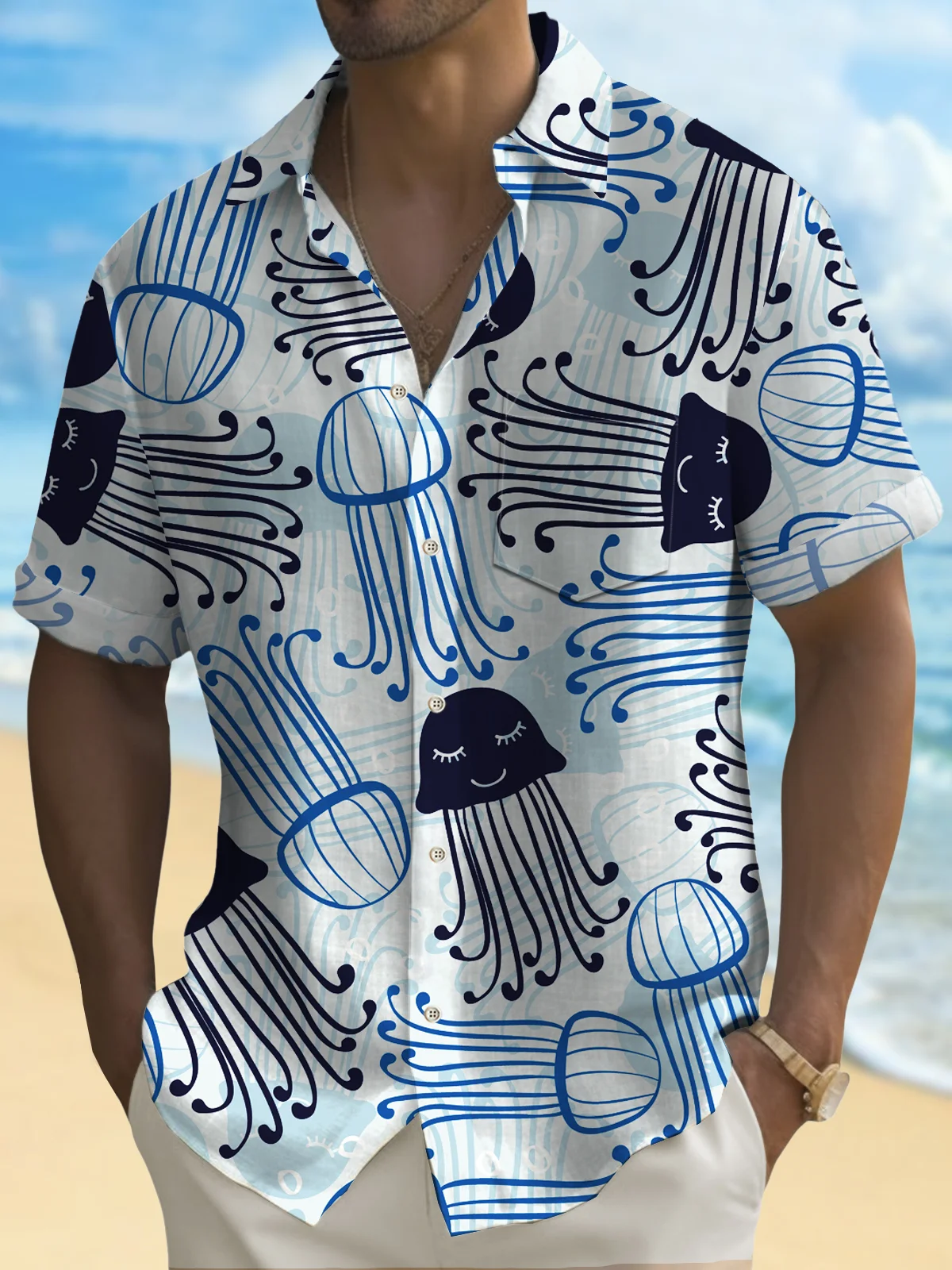 Royaura Ocean Jellyfish Art Blue Men's Hawaiian Shirts Stretch Aloha Camp Pocket Shirts Big Tall