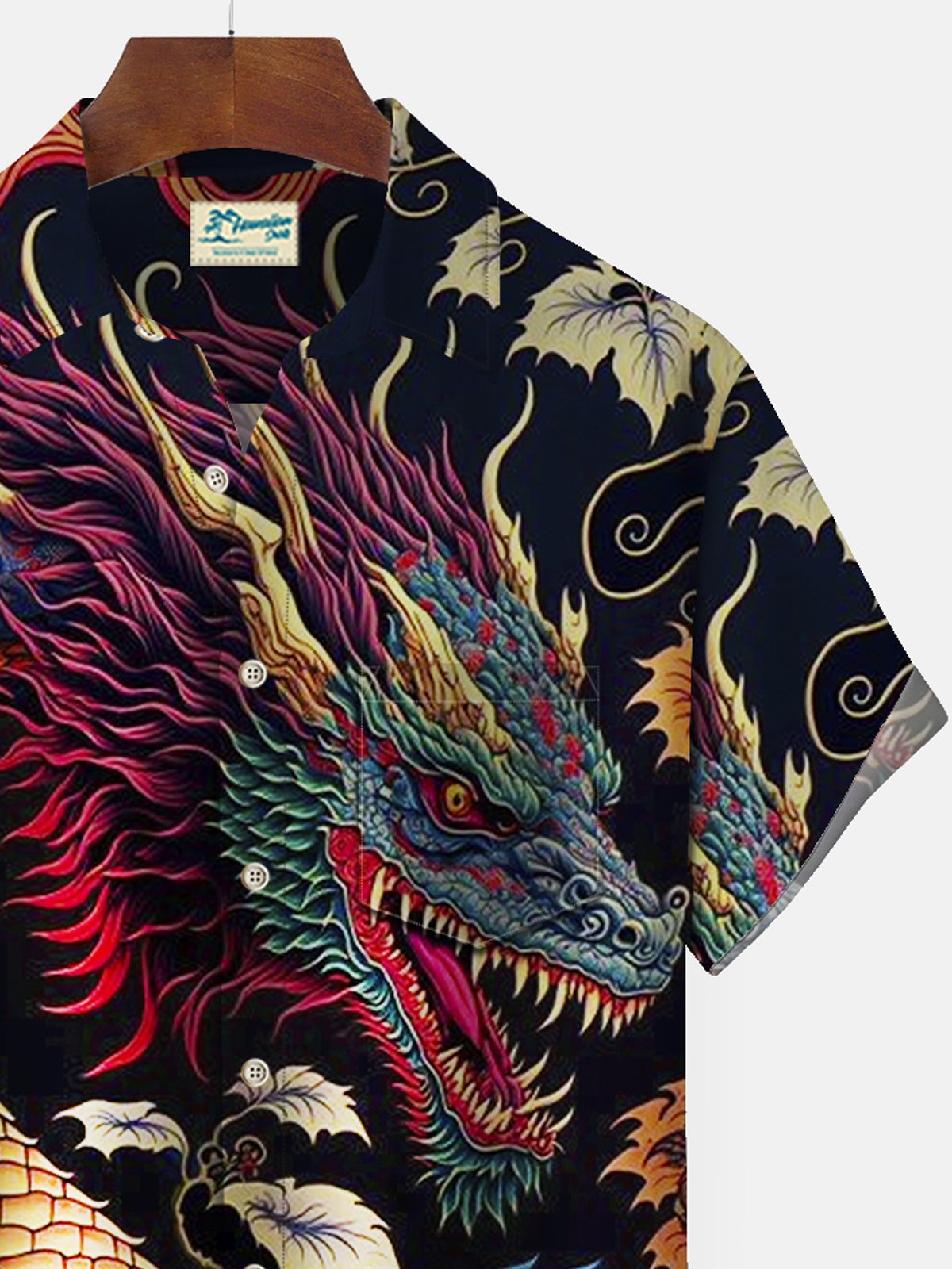 Royaura Japanese Retro Oriental Dragon Men's Aloha Shirts Stretch Large Size Camp Pocket Animal Button Shirts