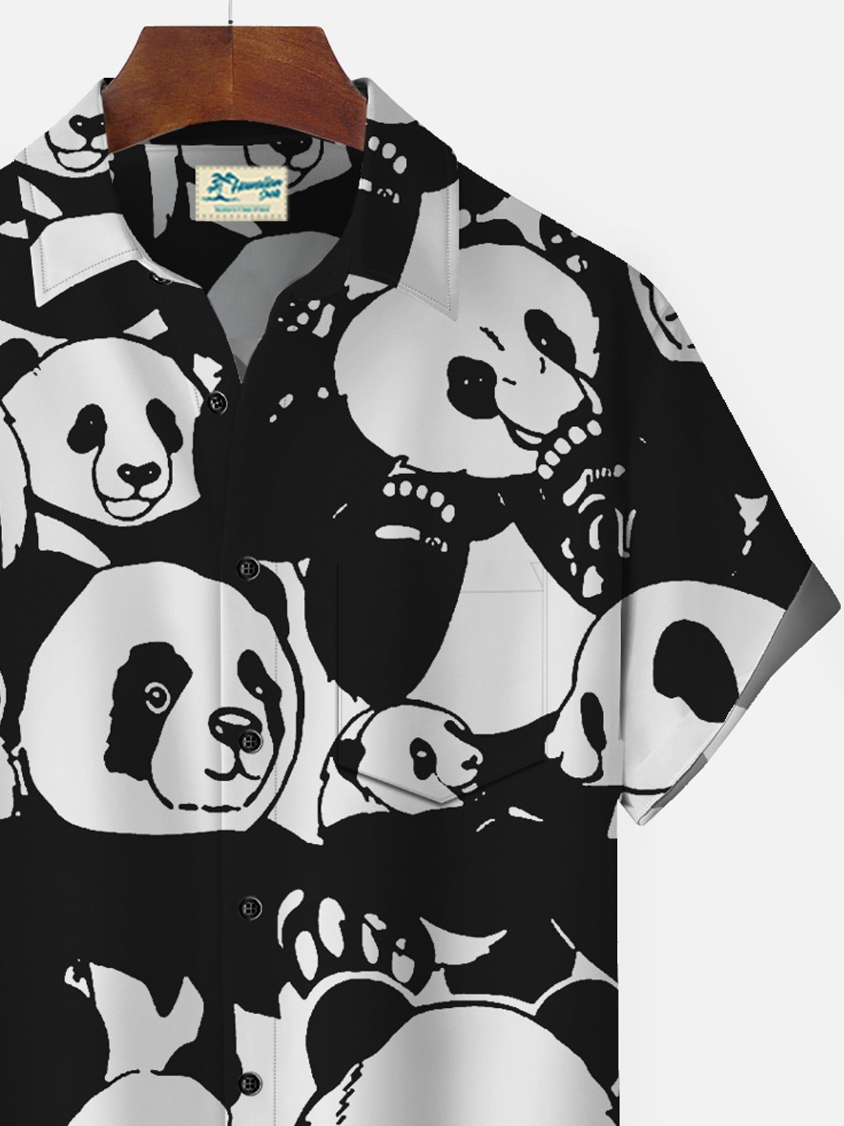 Royaura Beach Holiday Black Panda Men's Hawaiian Shirts Stretch Plus Size Aloha Camp Pocket Animal Shirts
