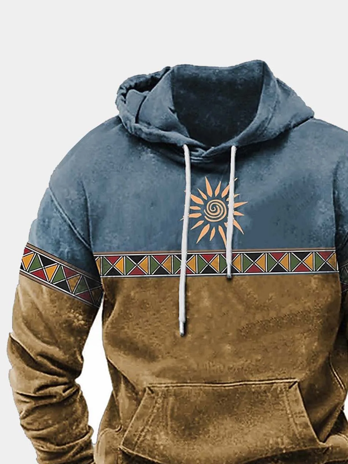 Royaura Vintage Aztec Ethnic Geometric Western Drawstring Hoodies Outdoor Men's Oversized Stretch Pullover Sweatshirts