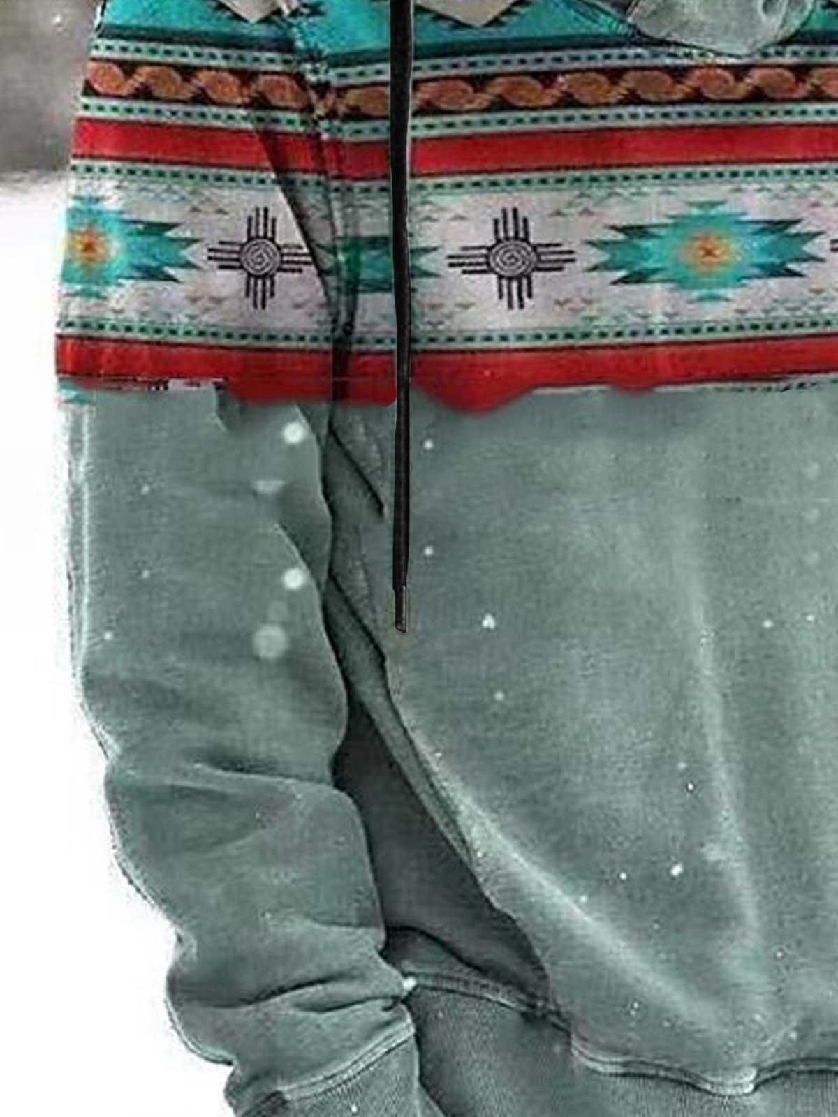 Royaura Vintage Aztec Ethnic Geometric Drawstring Hoodies Outdoor Men's Oversized Stretch Pullover Sweatshirts