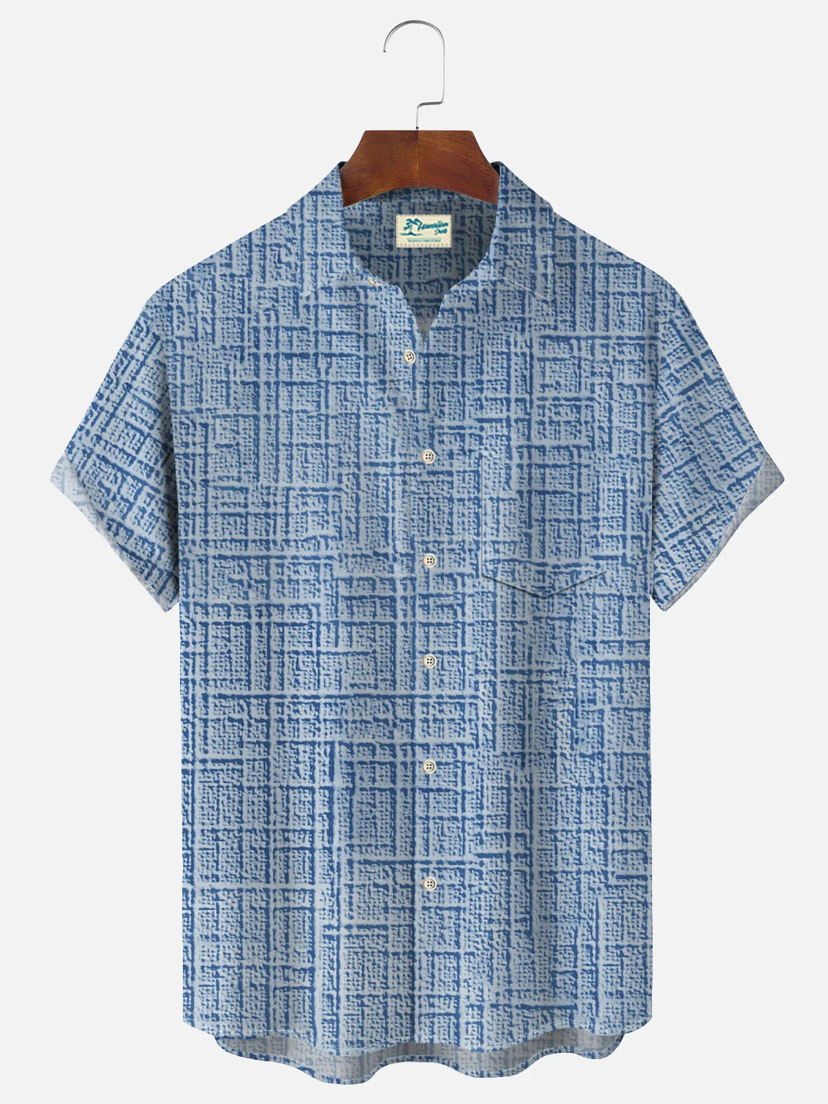 Royaura Vintage Checkered Blue Men's Seersucker Camp Shirts Stretch Anti-Wrinkle Easy Care Pocket Button Hawaiian Shirts