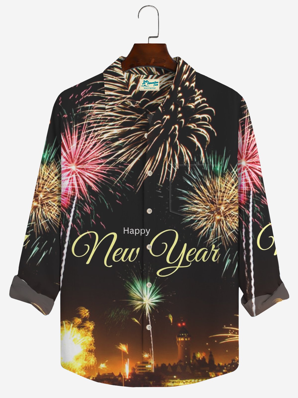 Royaura Happy New Year Holiday Men's Stretch Oversized Long Sleeve Shirt