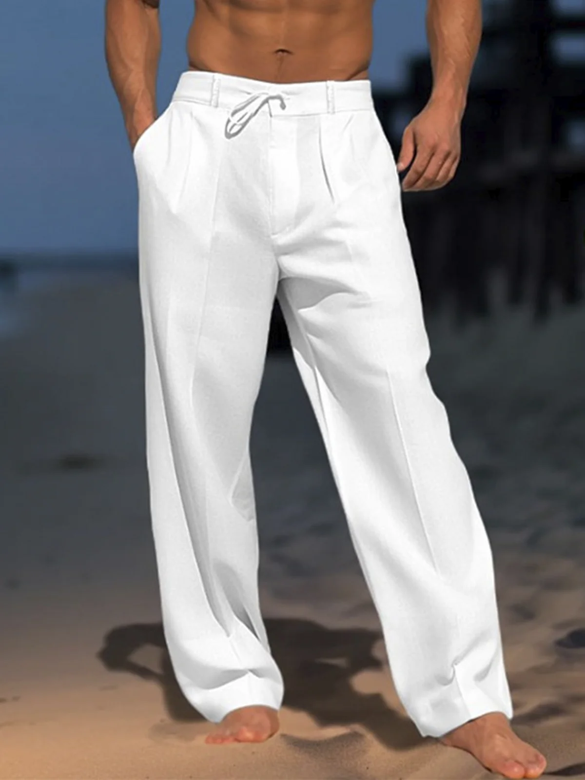 Royaura Men's Beach Daily Loose Linen Elastic Waist Drawstring Trousers