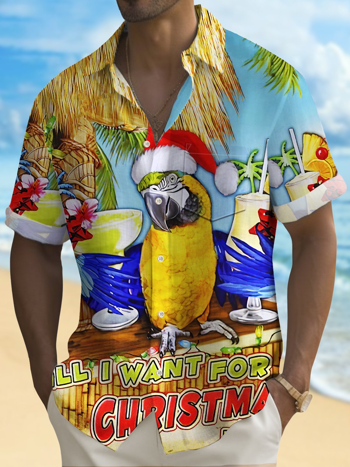Royaura Men's Christmas Parrot Print Button Pocket Short Sleeve Shirt