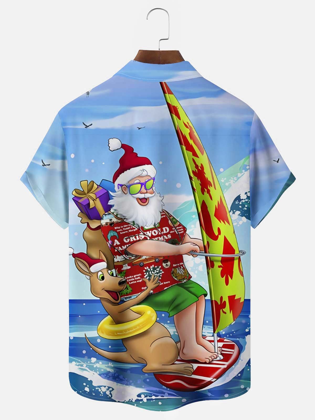 Royaura Beach Vacation Light Blue Men's Hawaiian Shirts Surfer Santa Cartoon Aloha Camp Pocket Shirts