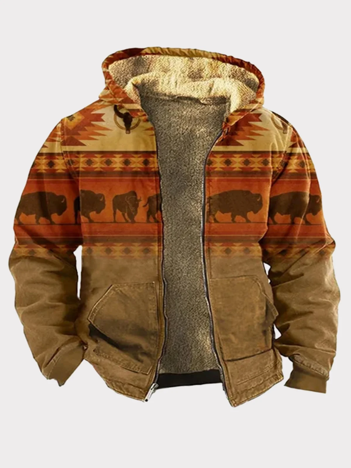 Royaura Vintage Aztec Khaki Men's Drawstring Hoodies Stretch Warm Fleece Ethnic Geometric Art Pullover Sweatshirts