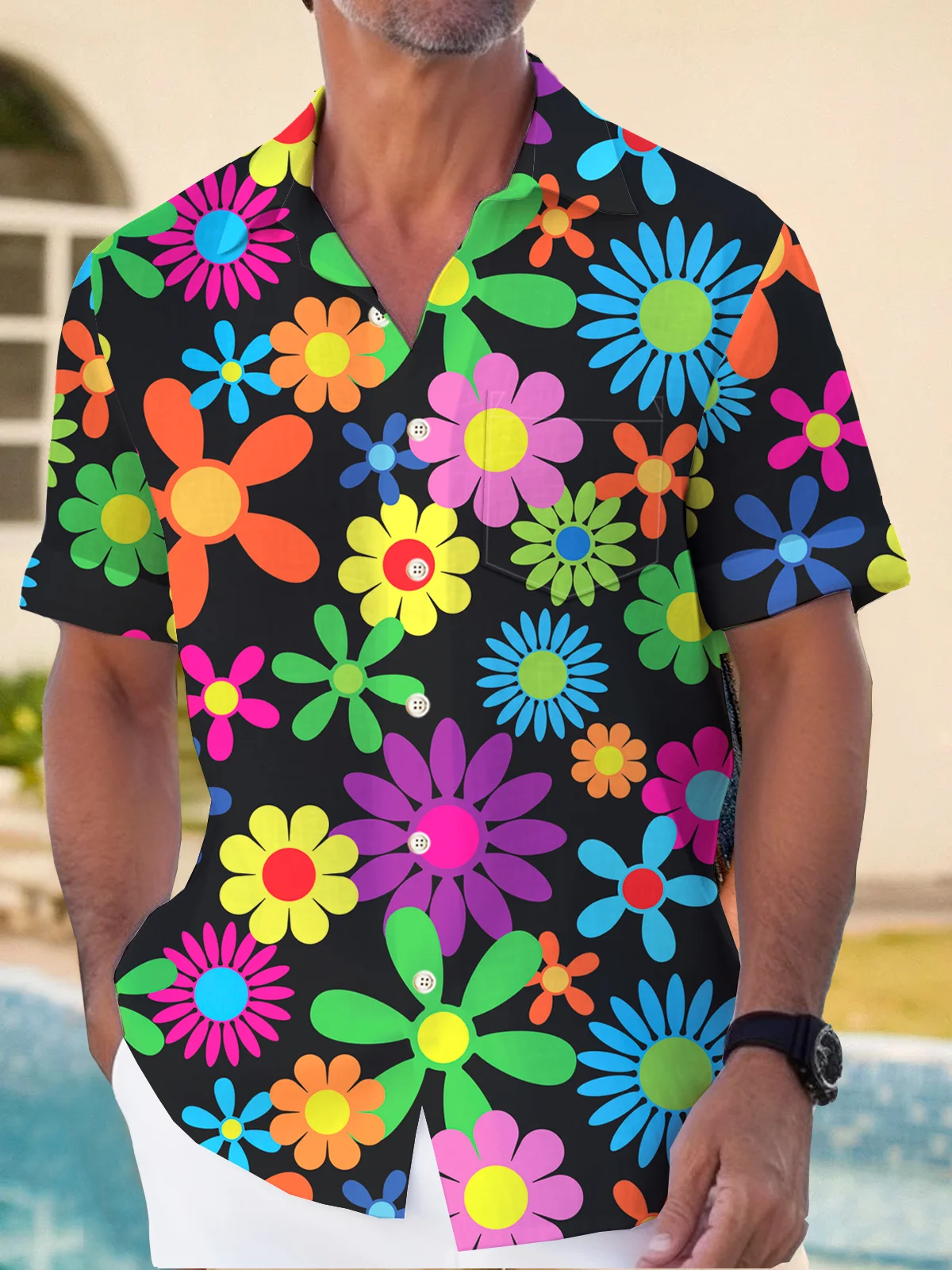 Royaura Men's Hawaiian Shirt Stretch Aloha Pocket Cartoon Camping Shirt