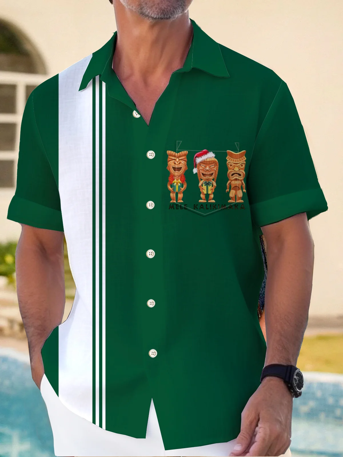 Royaura TIKI Alien Hawaiian Pattern Men's Print Basic Resort Shirt Stretch Aloha Pocket Cartoon Camping Shirt