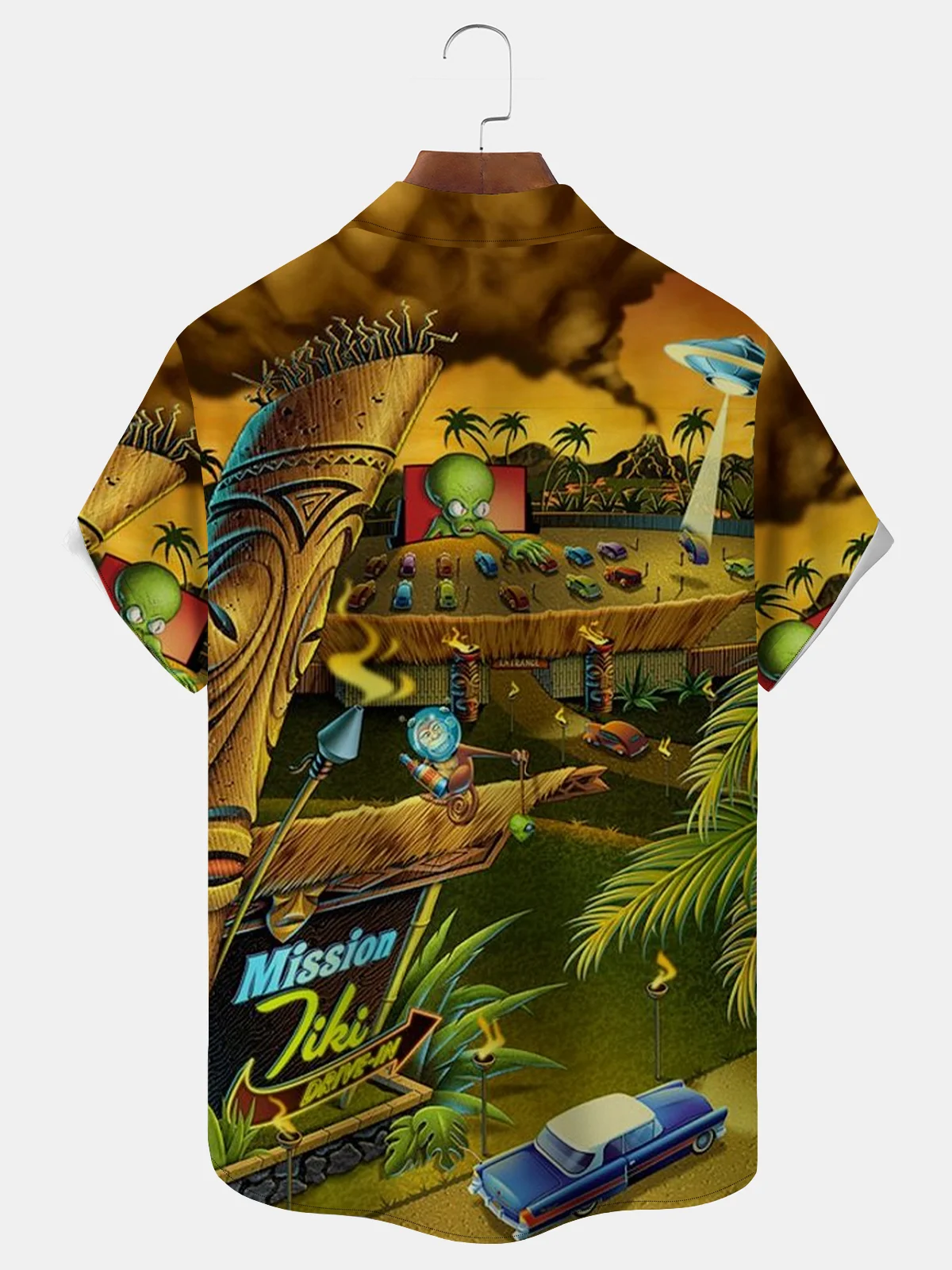 Royaura TIKI Alien Hawaiian Pattern Men's Print Basic Resort Shirt Stretch Aloha Pocket Cartoon Camping Shirt