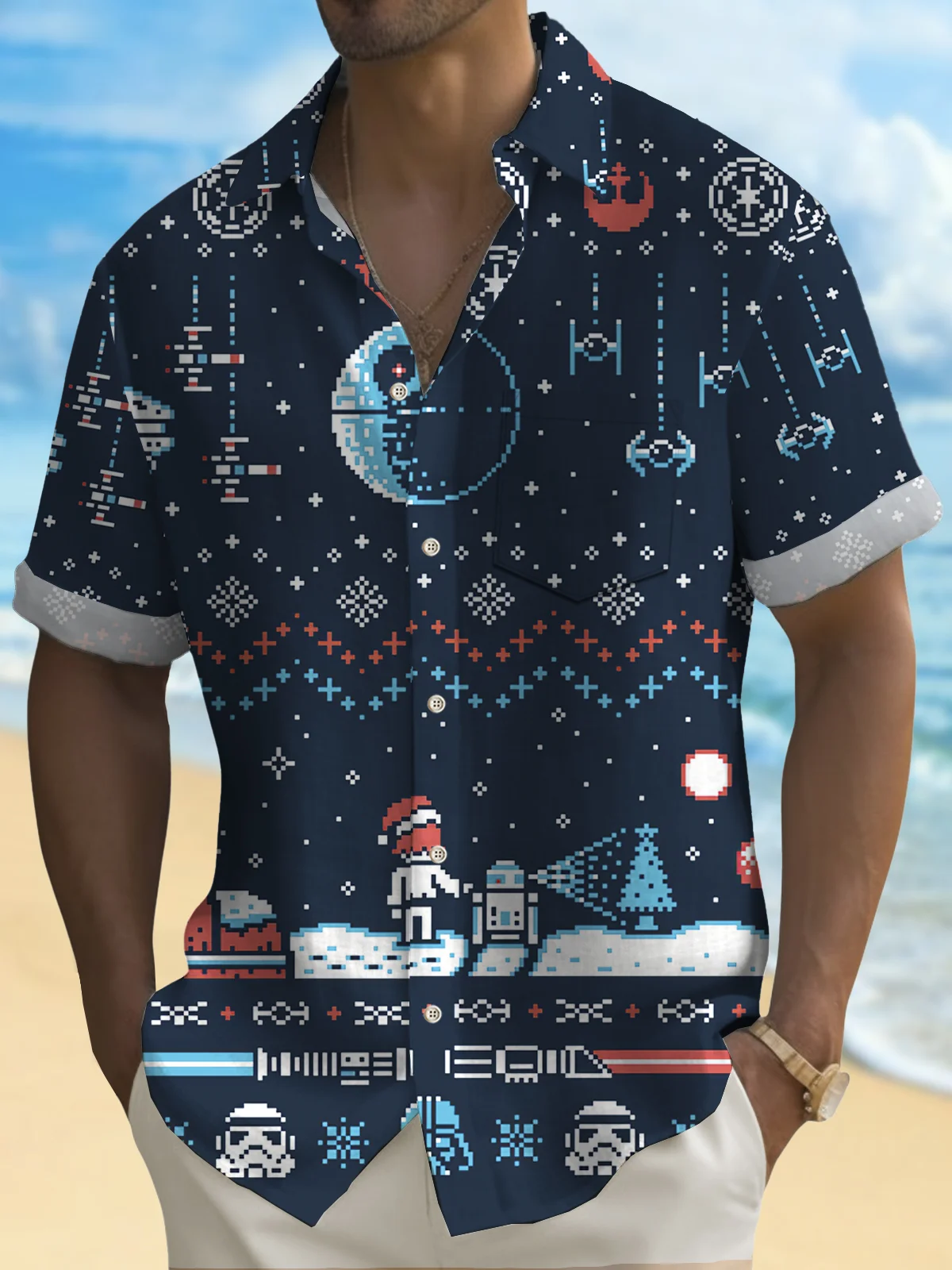 Royaura Men's Christmas Fun Print Button Pocket Shirt