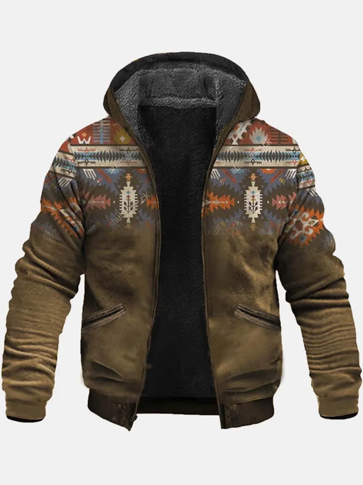 Royaura Vintage Western Brown Aztec Men's Cardigan Hoodies Ethnic Warm Plush Outdoor Zipper Fleece Jacket
