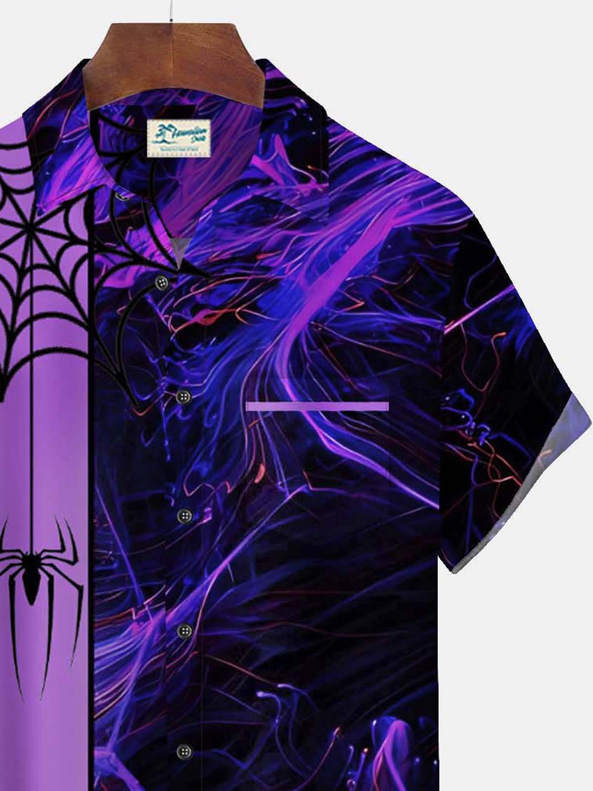 Halloween Holiday Purple Men's Retro Bowling Shirts Spider Lightning Stretch Plus Size Aloha Camp Pocket Shirts
