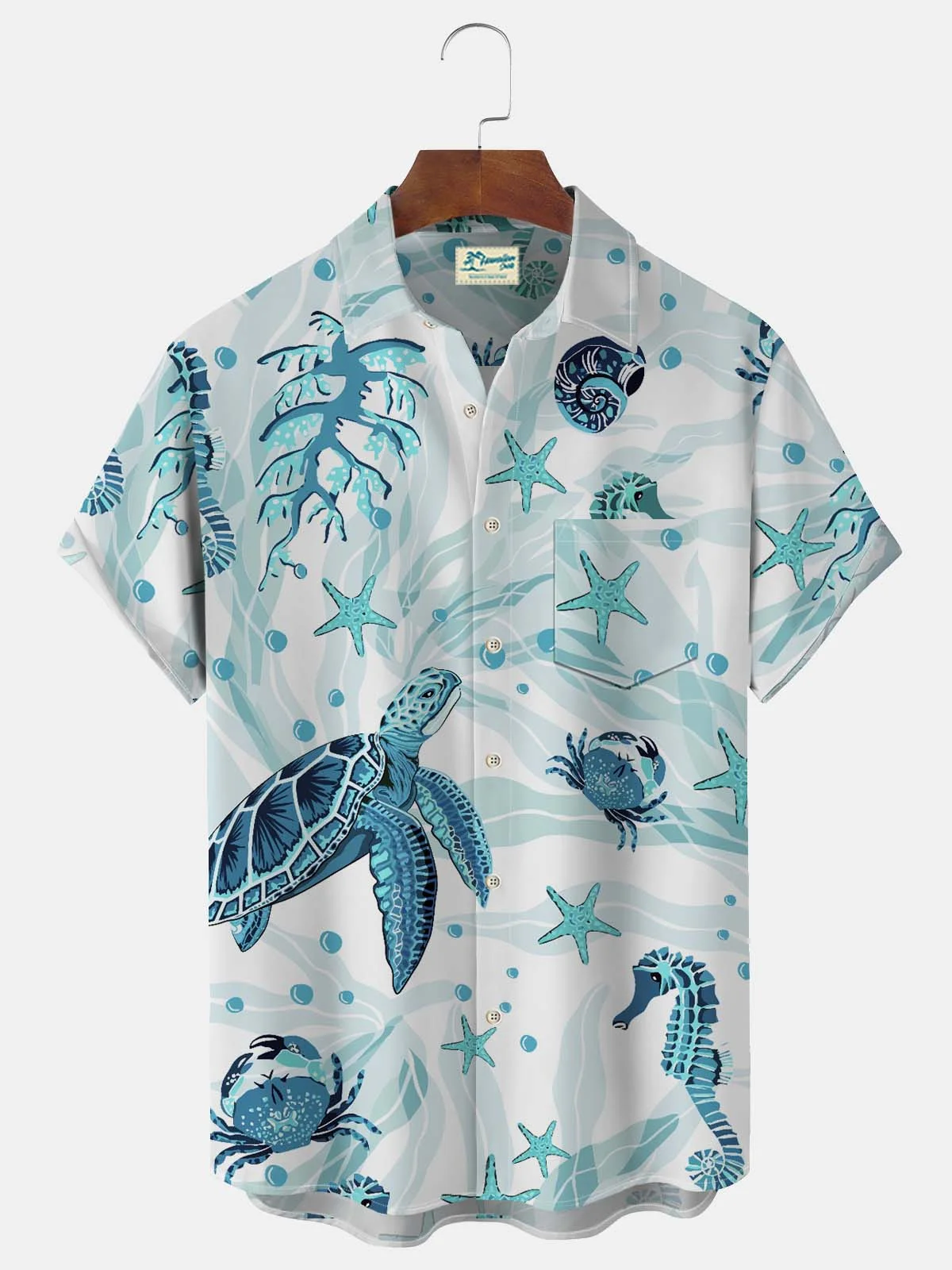 Royaura Vintage Nautical Sea Life Blue Men's Hawaiian Shirts Fun Cartoon Stretch Aloha Camp Pocket Shirts