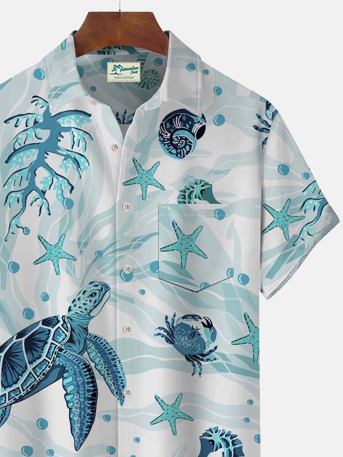 Royaura Vintage Nautical Sea Life Blue Men's Hawaiian Shirts Fun Cartoon Stretch Aloha Camp Pocket Shirts