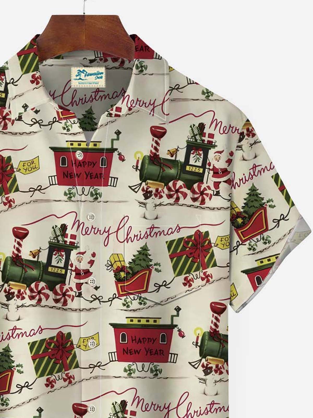 Royaura Christmas Holiday Khaki Men's Hawaiian Shirt Santa Sleigh Fun Cartoon Plus Size Pocket Button-Down Shirts