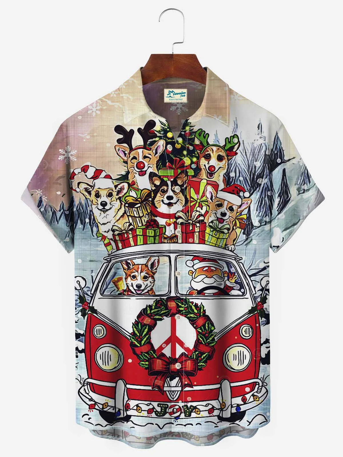 Royaura Christmas Holiday Gradient Red Men's Hawaiian Shirts Santa Dog Fun Cartoon Large Size Pocket Button-Down Shirts