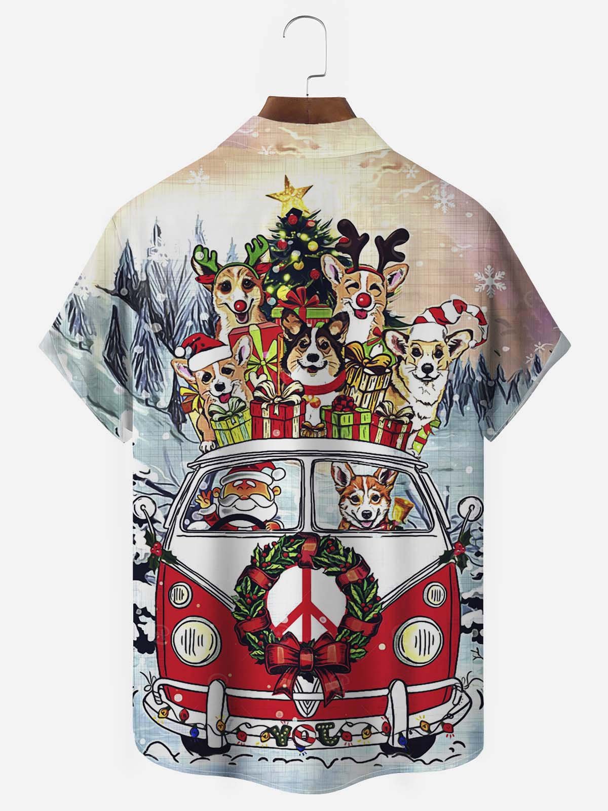 Royaura Christmas Holiday Gradient Red Men's Hawaiian Shirts Santa Dog Fun Cartoon Large Size Pocket Button-Down Shirts