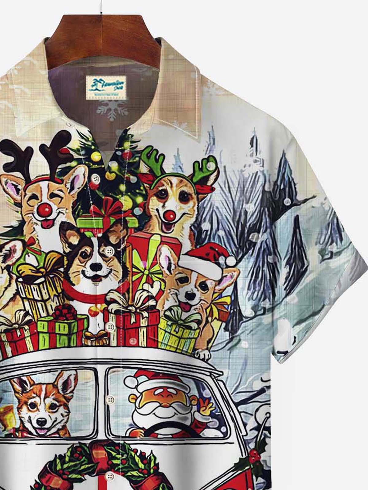 Royaura Christmas Holiday Gradient Red Men's Hawaiian Shirts Santa Dog Fun Cartoon Large Size Pocket Button-Down Shirts