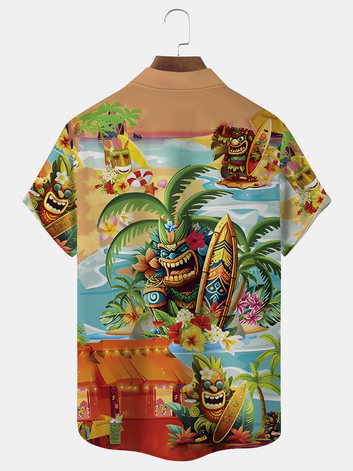 Royaura Hawaiian Tiki Coconut Tree Printed Men's Button Pocket Shirt