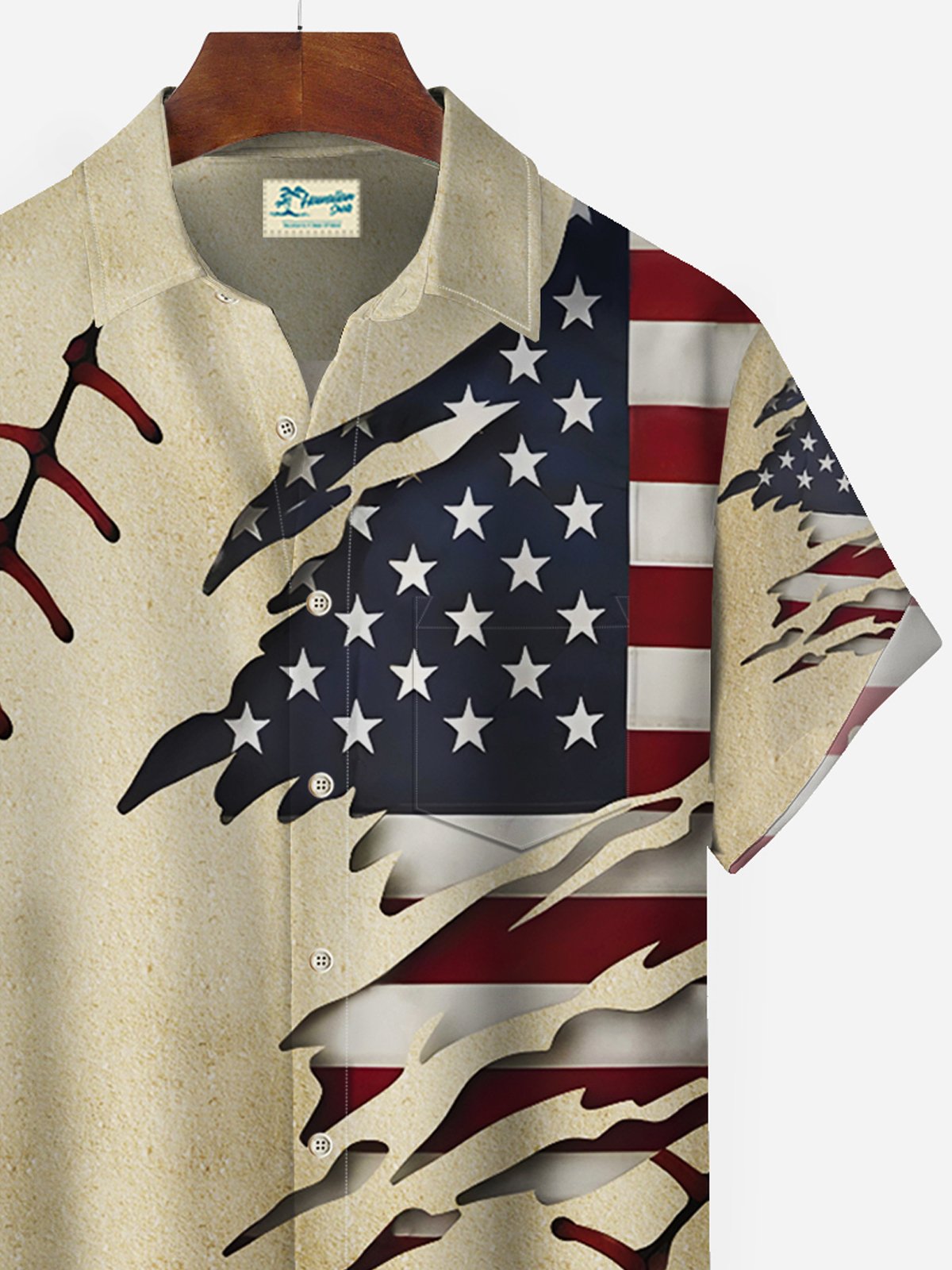 Royaura Vintage Baseball American Flag Khaki Men's Hawaiian Shirts Stretch Aloha Camp Pocket Shirts