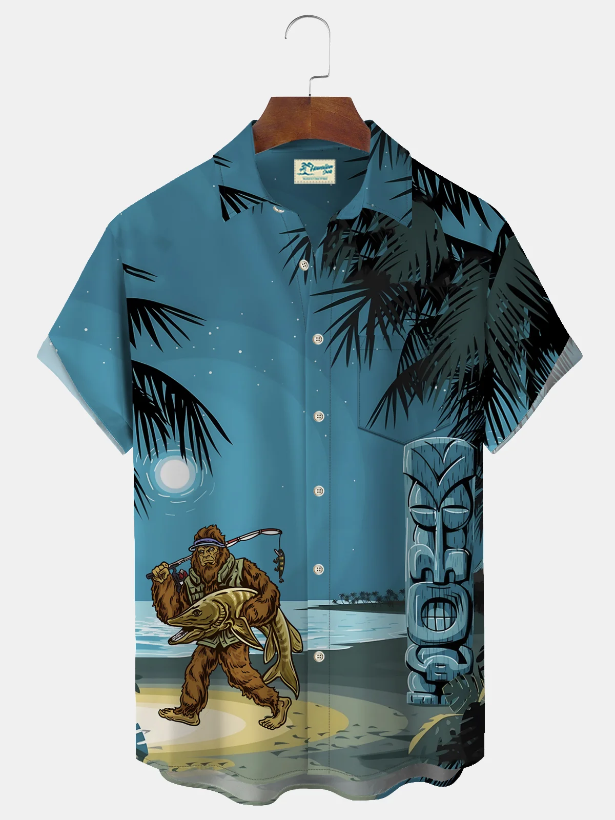Royaura TIKI Fishing Bigfoot Men's Hawaiian Print Shirt Stretch Aloha Pocket Cartoon Camping Shirt
