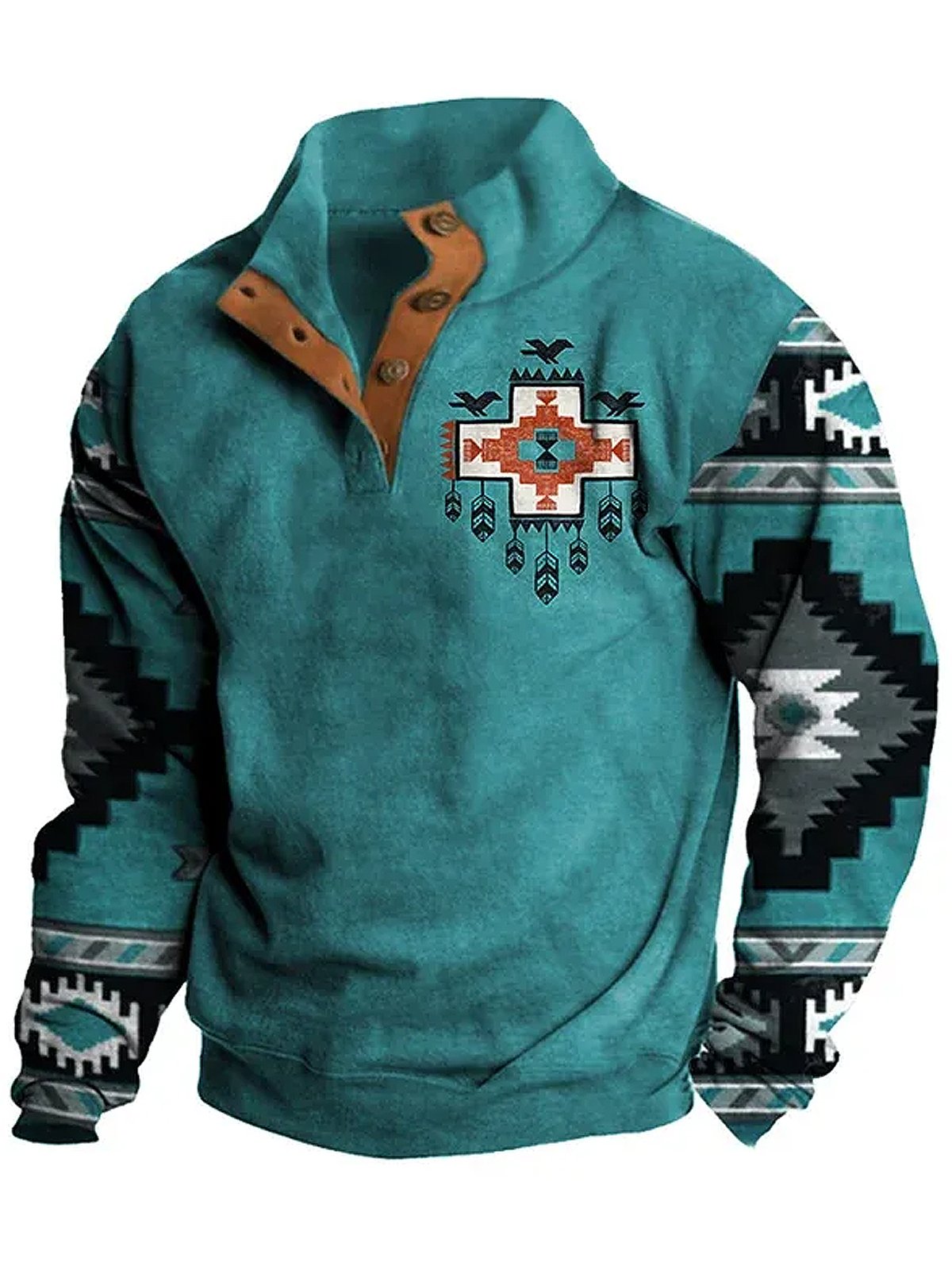 Royaura Men's Western Ethnic Print Men's Button Stand Collar Sweatshirt