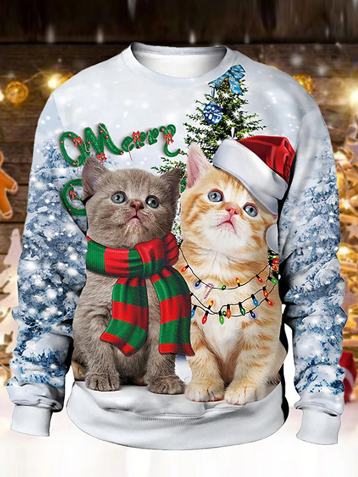 Royaura Men's Christmas Cat Printed Crew Neck Sweatshirt