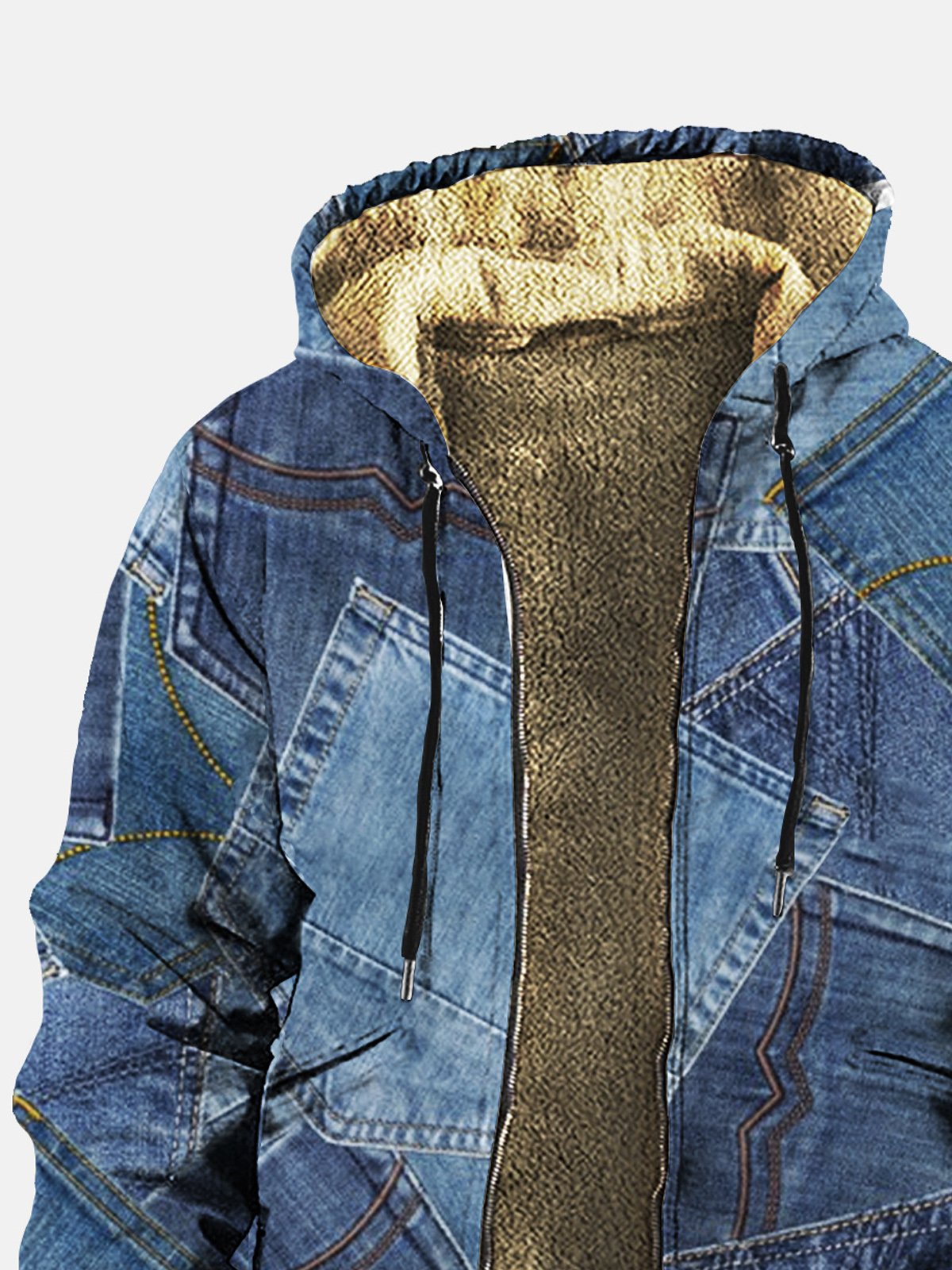 Royaura Vintage Western Denim Pocket Printed Two-Pocket Hoodies Fleece Cardigan Coat Cowboy Zip Jacket Outwear
