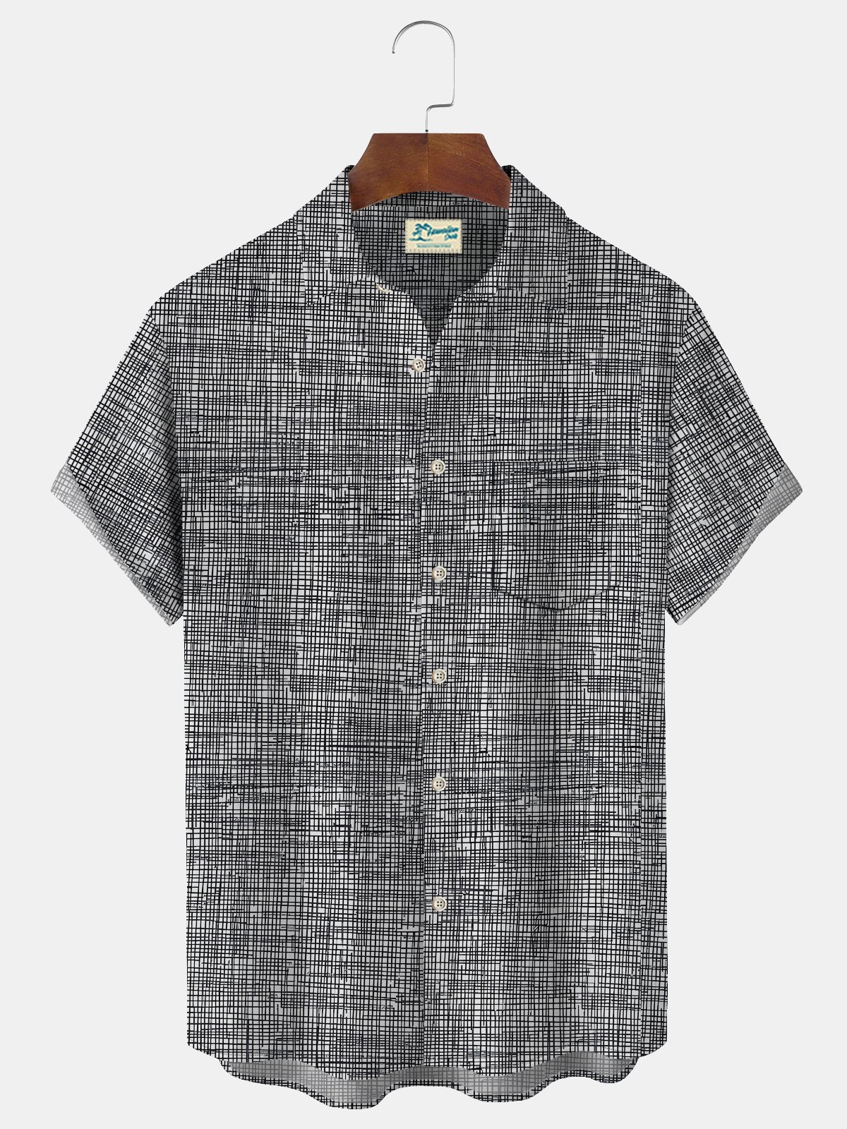 Royaura Vintage Geometric Art Gray Men's Hawaiian Shirts Stretch Check Aloha Camp Pocket Shirts