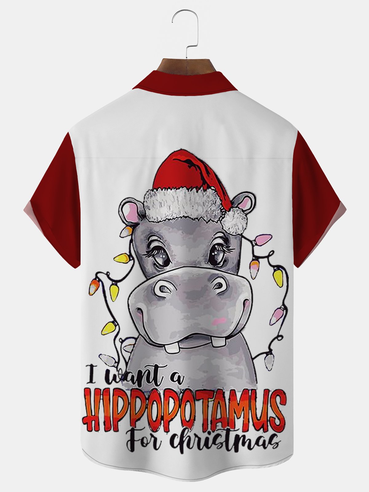 Royaura Hippopotamus Christmas Print Men's Button Pocket Short Sleeve Shirt