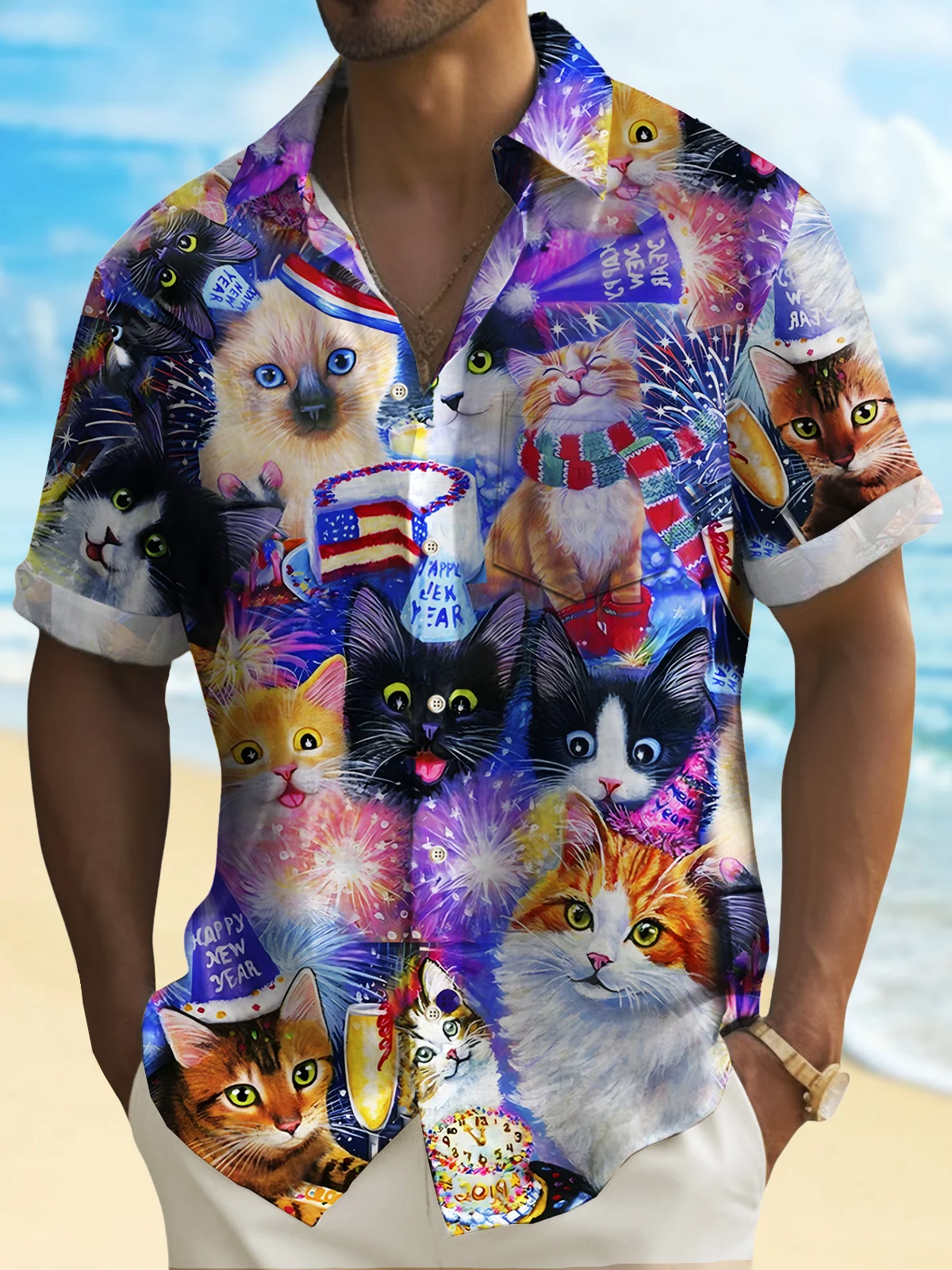Royaura New Year Fireworks Men's Hawaiian Shirts Cute Cat Cartoon Stretch Easy Care Camp Pocket Shirts Big Tall